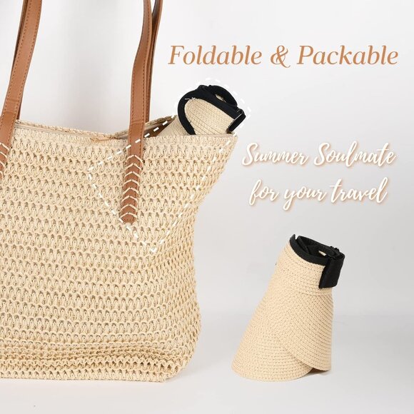 Women’s Straw Sun Visor Hat UPF 80+ Packable Wide Brim Summer Beach Travel - Picture 4 of 8